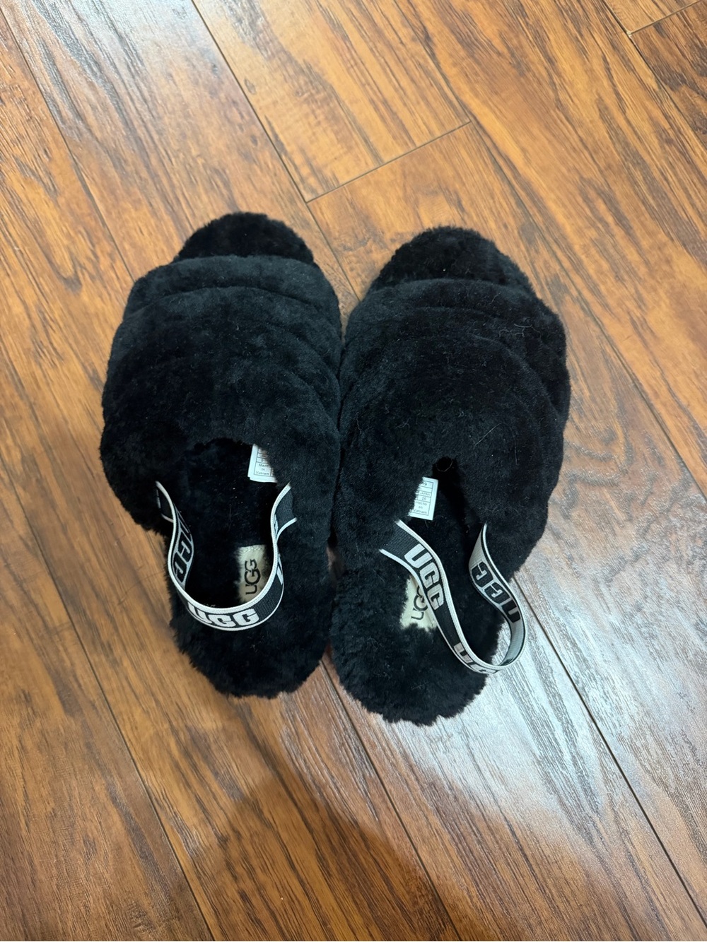UGG Black Plush Slide Sandals with Branded Heel Strap